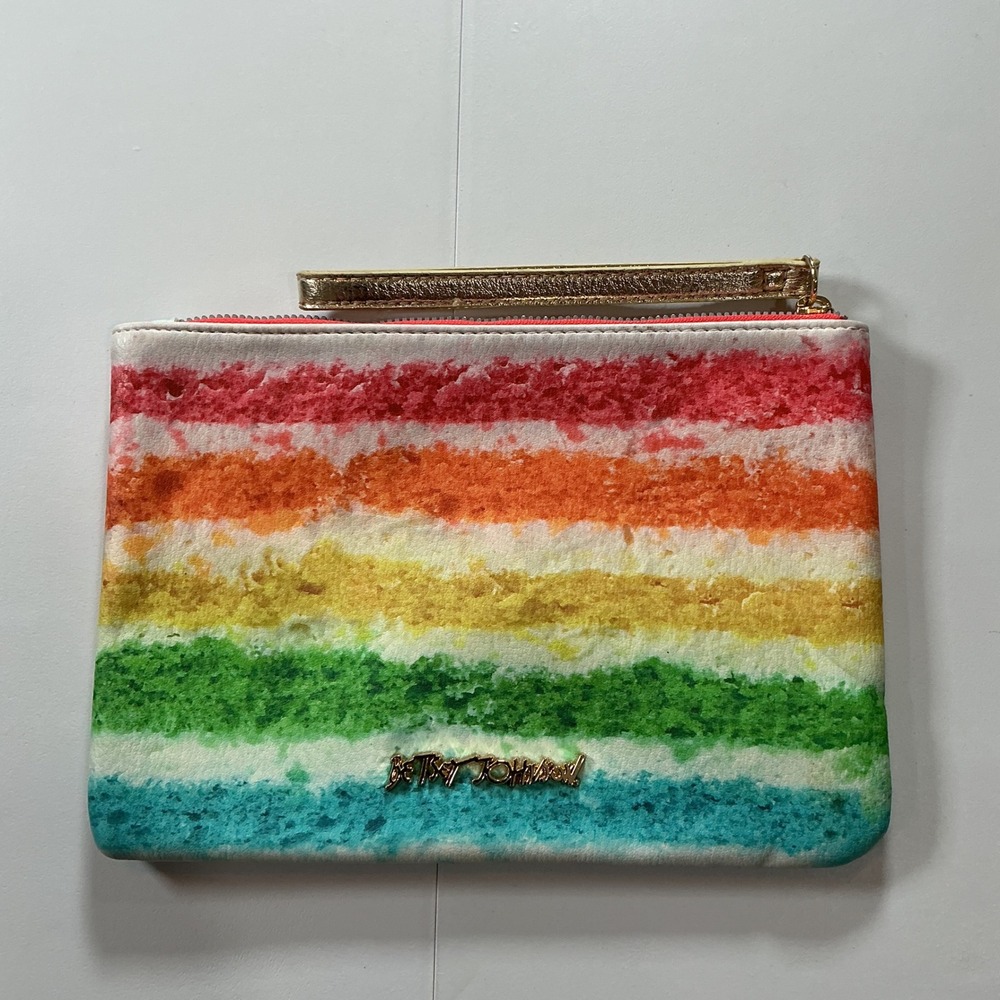 Betsey Johnson Wristlet Womens OS Rainbow Cake Pouch Kitsch Kawaii Gold Trim